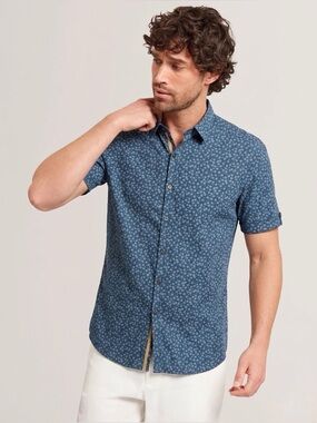 124 TED BAKER Men's Manoman Regular Fit SS Botanical Print Shirt - Teal, Sz 5